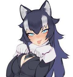 Rule 34 | 10s, 1girl, :p, animal ears, bad id, bad twitter id, beijuu, black hair, blue eyes, blush, breasts, artistic error, fur collar, gloves, grey wolf (kemono friends), hair between eyes, kemono friends, large breasts, long hair, multicolored hair, paw pose, simple background, solo, tongue, tongue out, two-tone hair, upper body, v-shaped eyebrows, white background, white gloves, white hair, wolf ears