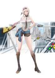 Rule 34 | 1girl, arm behind back, bare shoulders, blue eyes, blush, boots, breasts, brown footwear, brown necktie, brown shorts, closed mouth, full body, girls&#039; frontline, girls&#039; frontline neural cloud, hair ribbon, hairband, hand on own hip, long hair, looking at viewer, lwmmg (girls&#039; frontline), medium breasts, multicolored hair, necktie, ribbon, shirt, shorts, simple background, sleeveless, smile, solo, standing, streaked hair, thatob, white hair, white shirt
