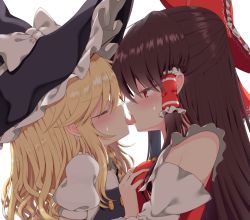 Rule 34 | 2girls, ascot, bare shoulders, black headwear, blonde hair, blush, bow, braid, grabbing another&#039;s breast, breasts, brown hair, closed eyes, commentary, detached sleeves, facing another, french kiss, frilled bow, frills, from side, grabbing, hair bow, hair tubes, hakurei reimu, hat, hat bow, kirisame marisa, kiss, long hair, long sleeves, looking at another, medium breasts, multiple girls, profile, puffy short sleeves, puffy sleeves, rankasei, red bow, red eyes, shirt, short sleeves, sidelocks, simple background, single braid, touhou, white background, white bow, white shirt, witch hat, yellow ascot, yuri