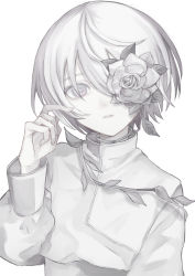 Rule 34 | 1boy, absurdres, closed mouth, eyepatch, flower, flower eyepatch, grey theme, highres, long sleeves, looking at viewer, male focus, original, shirt, short hair, solo, white background, white eyes, white flower, white hair, white shirt, white theme, ylu