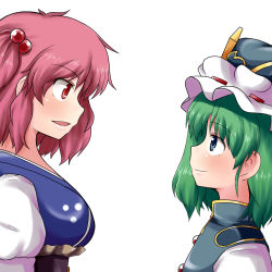 Rule 34 | 2girls, breasts, eye contact, green eyes, green hair, hair bobbles, hair ornament, hat, high collar, looking at another, looking down, looking up, medium breasts, mono60, mono (mono60), multiple girls, onozuka komachi, parted lips, pink hair, profile, red eyes, shiki eiki, short hair, simple background, smile, touhou, twintails, two side up, upper body, white background