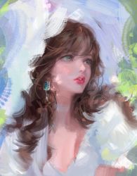 Rule 34 | 1girl, absurdres, blouse, blush, bm94199, breasts, brown hair, cleavage, green eyes, highres, korean commentary, looking up, medium breasts, original, painterly, parted lips, portrait, shirt, solo, white headwear, white shirt