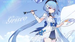 Rule 34 | 1girl, ahoge, beret, black hat, blue flower, blue ribbon, blue theme, breasts, character name, chinese commentary, closed mouth, dress, flower, griseo, griseo (starry impression), hat, highres, holding, holding paintbrush, honkai (series), honkai impact 3rd, logo, long hair, looking at viewer, official art, official wallpaper, paintbrush, purple eyes, ribbon, small breasts, solo, upper body, white dress