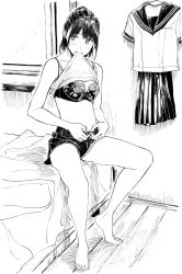 Rule 34 | 1girl, bed, blush, bra, clothes in mouth, commentary request, dressing, greyscale, highres, hiwatari rin, indoors, medium hair, monochrome, navel, on bed, original, pleated skirt, sailor collar, school uniform, shirt, shorts, sitting, skirt, solo, underwear