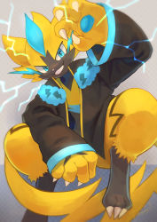 Rule 34 | blue eyes, brown jacket, claws, clothed pokemon, commentary request, creatures (company), electricity, furry, game freak, gen 7 pokemon, grin, hand up, highres, jacket, kikuyoshi (tracco), legendary pokemon, long sleeves, looking at viewer, mythical pokemon, nintendo, open clothes, open jacket, pokemon, pokemon (creature), smile, solo, teeth, yellow fur, zeraora