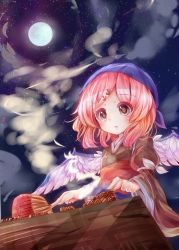 Rule 34 | 1girl, bird wings, blush, brown eyes, brown kimono, food, full moon, hair ornament, hairclip, hand fan, head scarf, highres, holding, holding fan, japanese clothes, kimono, long sleeves, momonashi potato, moon, mystia lorelei, obi, okamisty, open mouth, paper fan, pink hair, sash, short hair, solo, touhou, uchiwa, upper body, white wings, wide sleeves, wings