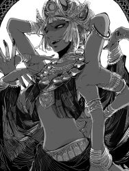 Rule 34 | androgynous, armlet, arms up, bad id, bad pixiv id, bangle, black nails, bracelet, crown, dark skin, extra arms, gender request, greyscale, grin, jewelry, kouta (fxpdj), looking at viewer, monochrome, nail polish, navel, original, ring, short hair, smile, solo, white hair