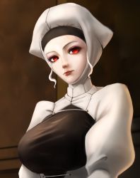 Rule 34 | 1girl, breasts, fate/stay night, fate (series), female focus, framed breasts, large breasts, leysritt (fate), limgae, lipstick, maid, maid headdress, makeup, red eyes, red lips, sidelocks, solo, upper body, white hair