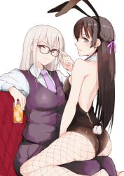 Rule 34 | 2girls, arm up, backless outfit, bad id, bad pixiv id, bare back, bare shoulders, barefoot, between legs, black hair, black leotard, blue eyes, bow, braid, breasts, closed mouth, cup, drink, drinking glass, extra ears, fishnet pantyhose, fishnets, french braid, glasses, hair between eyes, hair ornament, hairclip, hanayuhata, hand between legs, higuchi kaede, holding, holding cup, jacket, leotard, long hair, long sleeves, looking at viewer, medium breasts, mole, mole under eye, multiple girls, nijisanji, pants, pantyhose, parted lips, playboy bunny, purple bow, purple eyes, purple jacket, purple neckwear, purple pants, purple ribbon, rabbit tail, ribbon, shirt, silver hair, sitting, sitting on lap, sitting on person, sleeveless, sleeveless jacket, strapless, strapless leotard, tsukino mito, virtual youtuber, white shirt, yuri, zipper