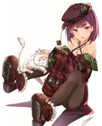 Rule 34 | absurdres, bare shoulders, boots, breasts, brown pantyhose, cabbie hat, camisole, casual, cat, cleavage, contemporary, criss-cross halter, fate/grand order, fate (series), halterneck, hat, helena blavatsky (fate), highres, jacket, jewelry, legs up, looking at viewer, necklace, off shoulder, pantyhose, purple eyes, purple hair, short hair, simple background, small breasts, smile, solo, white background, yatsuka (846)
