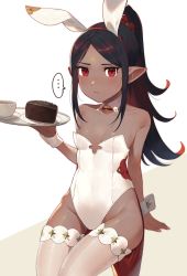 ... 1girl absurdres animal_ears black_hair blush breasts cake chocolate_cake dark-skinned_female dark_skin detached_collar fake_animal_ears food highres leotard long_hair looking_at_viewer original parted_bangs playboy_bunny ponytail rabbit_ears red_eyes shibainu small_breasts solo spoken_ellipsis thighhighs tray white_background white_thighhighs wrist_cuffs