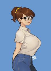 Rule 34 | 1girl, artist name, blue background, breasts, brown eyes, brown hair, collared shirt, commentary, dated, denim, english commentary, from side, glasses, hair behind ear, highres, jeans, large breasts, looking at viewer, original, pants, ponytail, shirt, shirt tucked in, short hair, snowcie, snowciel, solo
