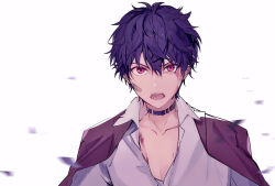 Rule 34 | 1boy, bandaid, bandaid on cheek, bandaid on face, black collar, black hair, blood, blood on chest, blood on face, collar, collared shirt, idolish7, jacket, jacket on shoulders, looking at viewer, male focus, momo (idolish7), open clothes, open shirt, pectoral cleavage, pectorals, red eyes, red jacket, seika (rachael amber), shirt, short hair, solo, white background, white shirt