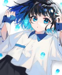 Rule 34 | 1girl, black hair, black skirt, blue eyes, blue gemstone, blue hair, blue nails, collared shirt, colored inner hair, commentary request, fingernails, gem, hands up, highres, looking at viewer, medium hair, mizumi zumi, multicolored hair, nail polish, original, parted lips, shirt, skirt, sleeves past wrists, solo, unbuttoned sleeves, upper body, white background, white shirt