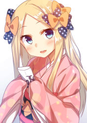 Rule 34 | 1girl, :d, abigail williams (fate), black bow, blush, bow, breasts, commentary request, eyes visible through hair, fate/grand order, fate (series), forehead, hair bow, head tilt, holding, japanese clothes, kimono, long hair, looking at viewer, open mouth, orange bow, otoshidama, parted bangs, pink kimono, polka dot, polka dot bow, racer (magnet), simple background, sleeves past wrists, smile, solo, upper body, white background