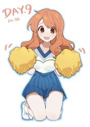 Rule 34 | 1girl, asahina mikuru, blue skirt, breasts, brown eyes, brown hair, cheerleader, collarbone, commentary request, dated, full body, highres, holding, holding pom poms, kneeling, large breasts, long hair, maymeriko, official alternate costume, open mouth, pom pom (cheerleading), pom poms, shirt, shoes, simple background, skirt, sleeveless, sleeveless shirt, solo, suzumiya haruhi no yuuutsu, white background, white footwear