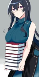 Rule 34 | 1girl, :o, black hair, blush, book, book stack, bouncing breasts, breast rest, breasts, breasts on book, carried breast rest, carrying, glasses, grey background, highres, holding, holding book, kashii kaoru, large breasts, long hair, looking at viewer, mahjong soul, onodera nanaha, parted lips, purple eyes, sketch, solo, very long hair