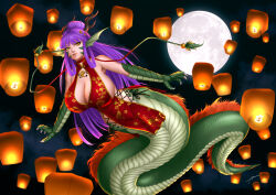 Rule 34 | 1girl, abremson, absurdres, antlers, breasts, bursting breasts, chinese clothes, chinese lantern, chinese zodiac, claws, cleavage, cleavage cutout, clothing cutout, cloud, dragon, dragon girl, eastern dragon, fins, flying, full moon, highres, horns, huge breasts, jewelry, looking at viewer, magatama, monster girl, monster girl encyclopedia, moon, night, no bra, purple hair, revealing clothes, ryuu (monster girl encyclopedia), sideboob, slit pupils, year of the dragon, yellow eyes