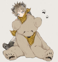 Rule 34 | 1boy, aged down, animal ears, ankle boots, blonde hair, boots, brown hair, child, climbing, full body, grey eyes, grey footwear, hands up, highres, hyena boy, hyena ears, light brown hair, long sleeves, looking away, looking down, male focus, matching outfits, necomu, pants, paw print, paw print soles, ruggie bucchi, scarf, short hair, simple background, smile, solo, stuffed animal, stuffed toy, teddy bear, twisted wonderland, white pants, yellow scarf