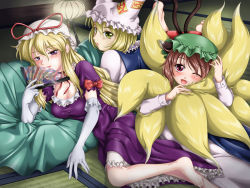 Rule 34 | 3girls, :o, animal ears, barefoot, blonde hair, brown eyes, brown hair, cat ears, cat tail, chen, chimu, dress, elbow gloves, hand fan, fang, folding fan, fox tail, gloves, hat, hat ribbon, hat with ears, indoors, lamp, long hair, long sleeves, looking at viewer, looking back, lying, mob cap, multiple girls, multiple tails, on side, on stomach, one eye closed, parted lips, petticoat, pillow, purple dress, purple eyes, red ribbon, ribbon, short hair, short sleeves, tabard, tail, tail wrap, tatami, touhou, very long hair, white dress, white gloves, yakumo ran, yakumo yukari, yellow eyes