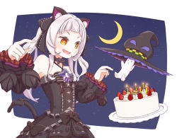 Rule 34 | 1girl, animal ear fluff, animal ears, birthday cake, black dress, black sleeves, blunt bangs, bow, brooch, cake, cat ears, cat girl, cat tail, center frills, choker, cowboy shot, criss-cross halter, detached sleeves, dress, dress bow, earrings, food, frilled choker, frilled dress, frilled ribbon, frills, gothic lolita, hair ribbon, halter dress, halterneck, happy birthday, hat, unworn hat, unworn headwear, highres, hololive, jewelry, juliet sleeves, kiwami133, layered dress, lolita fashion, long hair, long sleeves, moon, murasaki shion, murasaki shion (gothic lolita), open mouth, pinstripe dress, pinstripe pattern, puffy sleeves, ribbon, short eyebrows, sidelocks, silver hair, sleeveless, sleeveless dress, smile, solo, star (symbol), striped, tail, tail bow, tail ornament, triangle earrings, twintails, v-shaped eyebrows, virtual youtuber, wide sleeves, witch hat, yellow eyes