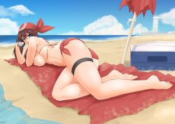 Rule 34 | 1girl, 2014, absurdres, bad id, bad pixiv id, barefoot, beach, beach towel, beach umbrella, bikini, blue eyes, breasts, brown hair, cloud, creatures (company), dated, day, foreshortening, game freak, gloves, highres, large breasts, lying, may (pokemon), nintendo, nipples, on side, outdoors, pokemon, sky, solo, stormcow, swimsuit, thigh strap, towel, umbrella, underboob, water