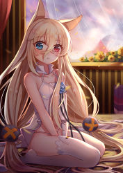 Rule 34 | 1girl, :o, animal ears, blonde hair, blue eyes, blue flower, blue rose, blush, curtains, flower, full body, g41 (girls&#039; frontline), girls&#039; frontline, hair between eyes, heterochromia, highres, long hair, looking at viewer, low-tied long hair, panties, red eyes, rose, seiza, sitting, solo, thighhighs, twintails, underwear, v arms, white panties, white thighhighs, yuhuan