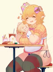 Rule 34 | 1girl, absurdres, apron, belle (millennium tour), blue panties, blunt bangs, blush, bow, bowtie, breasts, burger, closed eyes, commentary request, doughnut hair ornament, drinking straw, feet out of frame, food, food-themed hair ornament, french fries, green thighhighs, hair ornament, heart, highres, holding, holding burger, holding food, large breasts, mcdonald&#039;s, medium hair, millennium tour, no pants, open mouth, orange hair, panties, pink bow, pink bowtie, plump, pointy ears, red thighhighs, short sleeves, side-tie panties, simple background, solo, striped clothes, striped thighhighs, table, tareme, thick arms, thick thighs, thighhighs, thighs, underwear, waist apron, wing collar, yellow background, zao (pixiv 15847342)