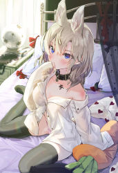 Rule 34 | 1girl, animal ears, black thighhighs, blue eyes, blush, bottomless, carrot-shaped pillow, chest tattoo, collar, covering own mouth, curtains, extra ears, foot out of frame, hair between eyes, hand to own mouth, heart, heart print, highres, indoors, light brown hair, long hair, looking at viewer, off shoulder, on bed, original, pillow, shirt, sitting, sleeves past fingers, sleeves past wrists, solo, syuri22, tattoo, thighhighs, wariza, white shirt, window