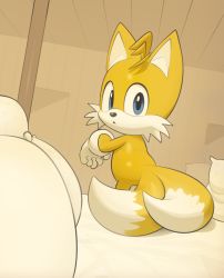 Rule 34 | 1boy, :&lt;, animal ears, animal nose, blue eyes, body fur, cowboy shot, dutch angle, fox boy, fox ears, fox tail, from behind, furry, furry male, gloves, hand up, highres, indoors, inkune, looking at viewer, looking back, male focus, multiple tails, open mouth, sack, solo, sonic (series), standing, tail, tails (sonic), two-tone fur, two tails, white fur, white gloves, yellow fur