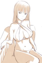 Rule 34 | 10s, 1girl, bad id, bad twitter id, bare arms, bare shoulders, bikini, blunt bangs, breasts, character request, cleavage, cleavage cutout, closed mouth, clothing cutout, collarbone, couch, criss-cross halter, girls und panzer, halterneck, highres, inactive account, kantai collection, large breasts, long hair, looking at viewer, monochrome, navel, nishizumi shiho, on couch, sitting, sketch, smile, solo, stomach, swimsuit, wa (genryusui), yellow theme