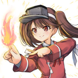 Rule 34 | 1girl, brown eyes, brown hair, commentary request, fire, fire, highres, japanese clothes, kantai collection, kariginu, red shirt, ryuujou (kancolle), shirt, simple background, smile, solo, twintails, upper body, visor cap, white background, yashin (yasinz)