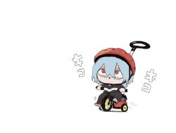 Rule 34 | 2boys, ametaro (ixxxzu), blue hair, boku no hero academia, chibi, dabi (boku no hero academia), helmet, highres, light blue hair, male focus, multiple boys, red eyes, riding tricycle, shigaraki tomura, short hair, simple background, tricycle, white background, wrinkled skin