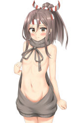 Rule 34 | 10s, 1girl, absurdres, bare shoulders, blush, breasts, brown eyes, brown hair, convenient censoring, flat chest, groin, headband, highres, kantai collection, long hair, looking at viewer, meme attire, midriff, navel, nedia (nedia region), ponytail, simple background, solo, sweater, virgin killer sweater, wardrobe error, wavy mouth, white background, you&#039;re doing it wrong, zuihou (kancolle)