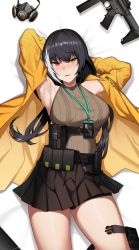 Rule 34 | 1girl, absurdres, armpits, arms up, bare legs, black hair, black skirt, blush, breasts, cero (last2stage), coat, colt 9mm smg, commentary request, commission, gas mask, girls&#039; frontline, gun, heterochromia, highres, korean commentary, lanyard, large breasts, long hair, long sleeves, looking at viewer, lying, mask, miniskirt, mod3 (girls&#039; frontline), multicolored hair, on back, parted lips, red eyes, revision, ro635 (girls&#039; frontline), ro635 (mod3) (girls&#039; frontline), skirt, sleeveless, sleeveless sweater, solo, streaked hair, submachine gun, sweater, weapon, white hair, yellow coat, yellow eyes