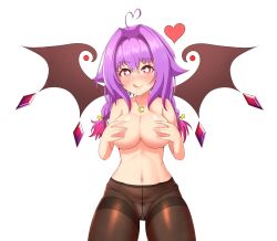 Rule 34 | 1girl, :p, absurdres, ahoge, areola slip, bare shoulders, bat wings, blush, bow, bow panties, braid, breasts, covering nipples, covering privates, crescent moon, crystal, female focus, hair tie, heart, highres, jewelry, large breasts, looking at viewer, medium hair, mizmillificent, monster girl, moon, navel, necklace, no background, no bra, no shirt, original, pale skin, panties, purple hair, red eyes, solo, star (symbol), symbol-shaped pupils, thighhighs, thighs, tongue, tongue out, twin braids, underwear, vampire, white panties, wings