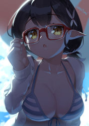 Rule 34 | 1girl, ayane (blue archive), ayane (swimsuit) (blue archive), bikini, black hair, blue archive, breasts, elf, flower, front-tie bikini top, front-tie top, glasses, hair flower, hair ornament, highres, kana ami, large breasts, leaning forward, looking at viewer, pointy ears, red-framed eyewear, short hair, solo, striped bikini, striped clothes, swimsuit, yellow eyes
