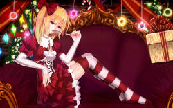 Rule 34 | 1girl, alternate costume, bakanoe, blonde hair, bow, box, breasts, brick wall, candy, candy cane, christmas, christmas tree, corset, couch, cross-laced clothes, dress, flandre scarlet, food, frilled dress, frills, from side, gift, gift box, glowing, glowing wings, hair bow, highres, holding, holding food, indoors, lace-trimmed collar, lace trim, layered sleeves, lollipop, long sleeves, no shoes, one side up, pom pom (clothes), puffy short sleeves, puffy sleeves, red bow, red dress, red eyes, red ribbon, ribbon, santa costume, short over long sleeves, short sleeves, sitting, small breasts, solo, star (symbol), striped clothes, striped thighhighs, thighhighs, touhou, wings