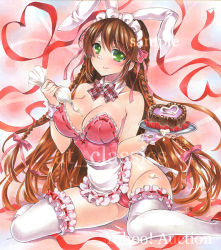 Rule 34 | 1girl, animal ears, apron, artist name, at classics, bare shoulders, blush, bow, bowtie, braid, breasts, brown hair, cake, chocolate cake, cleavage, closed mouth, covered erect nipples, cream, cream on face, detached collar, food, food on face, green eyes, groin, hair between eyes, hair ribbon, heart, holding, holding tray, large breasts, leotard, long hair, looking at viewer, original, pink leotard, pink ribbon, plaid, plaid bow, plaid bowtie, plaid neckwear, rabbit ears, ribbon, sample watermark, side braid, sitting, smile, solo, thighhighs, traditional media, tray, twin braids, very long hair, waist apron, wariza, watermark, white apron, white thighhighs, wrist cuffs