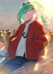 Rule 34 | 1girl, 6+others, absurdres, ambiguous gender, animal ears, aqua eyes, backlighting, blurry, blurry background, brown coat, clear sky, closed mouth, coat, crowd, day, denim, diffraction spikes, dust, dust cloud, earrings, eyewear on head, flat chest, front slit, green hair, green sky, hair between eyes, hands in pockets, hatsune miku, highres, hood, hood up, hooded coat, horns, jacket, jeans, jewelry, lens flare, light particles, light rays, looking at viewer, mask, multicolored eyes, multiple others, open clothes, open jacket, outdoors, pants, pink eyes, red jacket, serious, shirt, sky, solo focus, suna no wakusei (vocaloid), sunglasses, tokishima sikuka, twintails, vocaloid, white shirt, yellow eyes