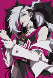 Rule 34 | 1boy, bare shoulders, black hair, choker, collarbone, commentary request, creatures (company), eyeshadow, game freak, gloves, green eyes, gym leader, hair over one eye, hands up, highres, jacket, kurobe sclock, long hair, long sleeves, looking down, makeup, male focus, mouth hold, multicolored hair, nintendo, piers (pokemon), pink background, pokemon, pokemon swsh, shirt, single glove, sleeveless, sleeveless shirt, solo, two-tone hair, white gloves, white hair, white jacket
