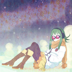 Rule 34 | 1girl, boots, goggles, green hair, gumi, headphones, mokeo, pantyhose, purple pantyhose, scarf, skirt, snow, solo, sweater, vocaloid