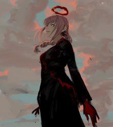 Rule 34 | 1girl, black dress, blood, blood halo, blood on hands, braid, braided ponytail, breasts, chainsaw man, cloud, cloudy sky, commentary, cowboy shot, day, dress, eyelashes, from below, halo, highres, kamo (kamonegioisi), liquid halo, long sleeves, looking at viewer, makima (chainsaw man), medium breasts, medium hair, outdoors, red hair, red halo, ringed eyes, sky, smile, solo, spoilers, traditional media, yellow eyes