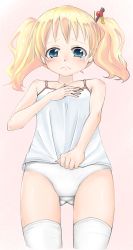 Rule 34 | 10s, 1girl, alice cartelet, bad id, bad pixiv id, blonde hair, blue eyes, camisole, covering privates, covering breasts, highres, kin-iro mosaic, long hair, panties, shirt, shirt tug, solo, tears, thighhighs, underwear, underwear only, white panties, white shirt, white thighhighs