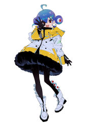 Rule 34 | 1girl, ahoge, black gloves, black legion, black pantyhose, blue hair, borrowed character, dot nose, extra ears, extra eyes, fur-trimmed jacket, fur trim, gloves, hair between eyes, jacket, multicolored clothes, multicolored jacket, ok sign, ok sign over eye, open mouth, original, pantyhose, red eyes, short hair, simple background, smile, solo, thighhighs, tongue, ttk211, white background, white footwear, white jacket, yellow jacket, zipper pull tab