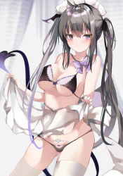 Rule 34 | 1girl, ahoge, apron, bad id, bad pixiv id, bikini, black bikini, black hair, bow, bowtie, breasts, cleavage, cowboy shot, demon girl, demon tail, demon wings, fang, gluteal fold, head wings, headdress, large breasts, long hair, looking at viewer, maid, maid apron, maid bikini, maid headdress, mirrored, original, pon (ponidrop), pubic tattoo, purple eyes, reflection, smile, solo, swimsuit, tail, tattoo, thighhighs, twintails, unconventional maid, very long hair, waist apron, white thighhighs, wings