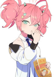 Rule 34 | 1girl, afnroll, ahoge, bag of chips, bare shoulders, blue archive, blue necktie, food, green eyes, hair ornament, halo, highres, holding, horns, jacket, looking at viewer, momoka (blue archive), necktie, off shoulder, pink hair, pointy ears, shirt, simple background, sleeveless, sleeveless shirt, solo, thumb sucking, twintails, white background, white shirt