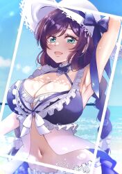 Rule 34 | 1girl, aqua eyes, arm behind head, arm up, armpits, bikini, blue sky, bow, braid, breasts, cleavage, commentary request, dated, frilled bikini, frills, hat, highres, large breasts, long hair, looking at viewer, love live!, love live! school idol project, low twintails, midori oekk, navel, open mouth, outdoors, purple bow, purple hair, sky, smile, solo, swimsuit, tojo nozomi, twintails, water, water drop