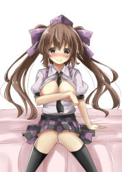 Rule 34 | 1girl, bed, between breasts, blush, breasts, breasts out, brown eyes, brown hair, checkered clothes, checkered skirt, covering privates, covering breasts, deetamu, hair ribbon, hat, himekaidou hatate, large breasts, long hair, looking at viewer, necktie, necktie between breasts, no bra, on bed, open clothes, open shirt, puffy sleeves, ribbon, shirt, short sleeves, simple background, sitting, skirt, smile, solo, tam-out (datam), tokin hat, touhou, twintails, very long hair, white background