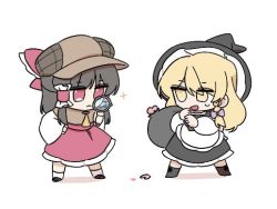 Rule 34 | 2girls, apron, ascot, black footwear, black hair, black headwear, black skirt, blonde hair, boots, bow, braid, brown headwear, chibi, commentary, full body, hair bow, hakurei reimu, hat, heart, holding, holding magnifying glass, kirisame marisa, long hair, long sleeves, magnifying glass, multiple girls, open mouth, purple bow, red bow, red eyes, red shirt, rinco s2, sack, shirt, shoes, single braid, skirt, sparkle, symbol-only commentary, touhou, white background, white shirt, white skirt, wide sleeves, witch hat, yellow ascot, yellow eyes